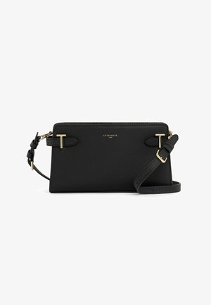 Borsa a tracolla in pelle nera con texture, dotata di hardware dorato, chiusura con zip e tracolla regolabile. Include un dettaglio del logo sul davanti.