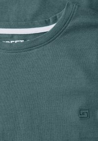 T-shirt verde tessuto con scollo rotondo, caratterizzato da un colletto interno bianco in contrasto. Include un piccolo logo sul petto.