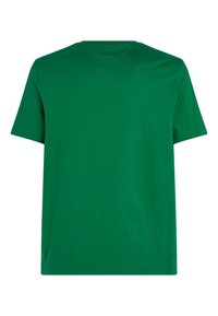 Žalia medvilninė marškinėliai su apvalia iškirpte ir trumpomis rankovėmis. Lygi tekstūra, vientisa spalva, be raštų ar papuošimų.