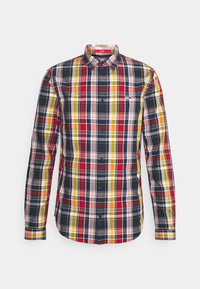 Camicia da uomo slim fit a maniche lunghe con bottoni, caratterizzata da un motivo a quadri multicolori in rosso, giallo, bianco e blu navy.