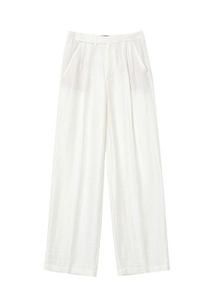 Weiße weite Hosen mit vorderen Falten, Seitentaschen und Gürtelschlaufen, flach auf einem weißen Hintergrund präsentiert.