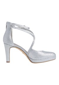 Srebrny błyszczący but na wysokim obcasie z okrągłym noskiem, z paskami wokół kostki i platformą. Gładka faktura i zwężająca się konstrukcja obcasa.