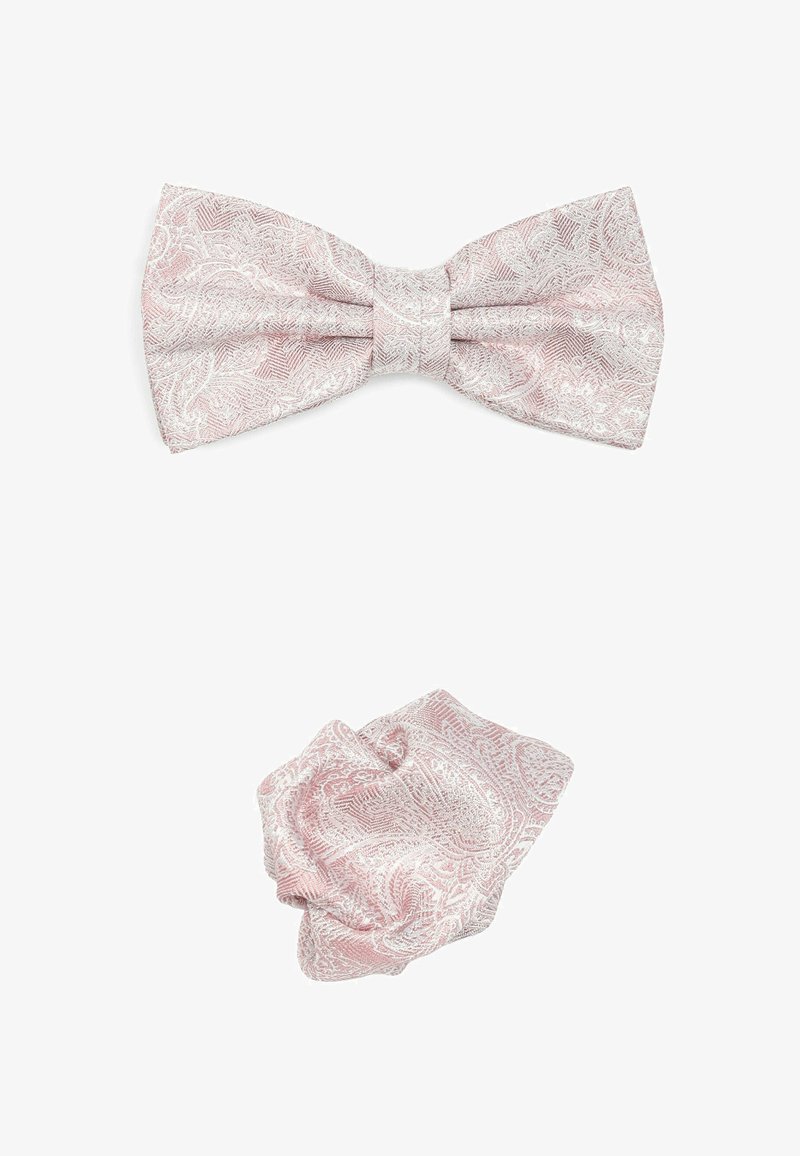 Pinker Paisley-musterierte Fliege und passende Tasche Quadrat, beide aus einem strukturierten Stoff mit einem subtilen Glanz, mit komplizierten Designs.