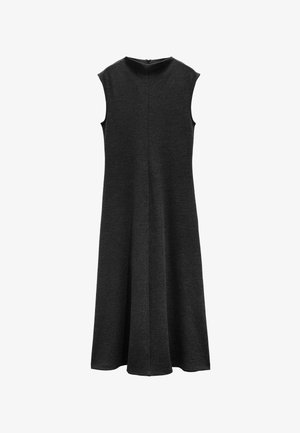 Bezramionowa, ciemnoszara sukienka z okrągłym dekoltem, z zamkiem błyskawicznym z tyłu oraz rozkloszowanym krojem, wykonana z miękkiego, fakturowanego materiału.