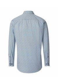 Lange mouw shirt in lichtblauw met een geometrisch patroon, met een button-down kraag en manchetten met donkere knopen. Zachte stofstructuur.