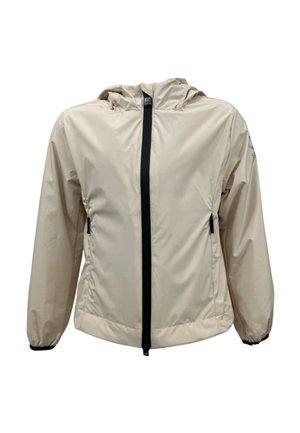 Giacca beige con cappuccio, cerniera frontale nera e tasche laterali con zip, polsini elasticizzati e materiale leggero.
