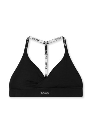 Schwarzes Dreieck-Bralette mit überkreuzten Trägern und weißem Logo. Glatter Stoff mit gedrehtem Mitteldesign und elastischem Bund am unteren Rand.