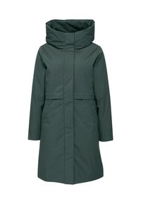 Grüner, wasserdichter Mantel mit hohem Kragen, langen Ärmeln, zwei seitlichen Taschen und geradem Schnitt. Glatte Textur, minimalistischer Stil.