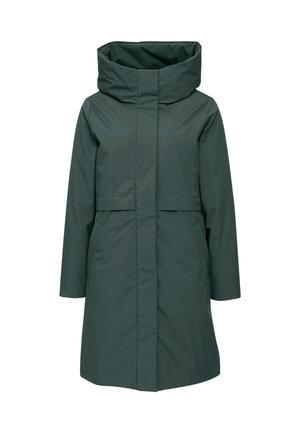 Grüner, wasserdichter Mantel mit hohem Kragen, langen Ärmeln, zwei seitlichen Taschen und geradem Schnitt. Glatte Textur, minimalistischer Stil.