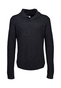 Dunkelgrauer Pullover aus strukturiertem Stoff mit weitem, umgeschlagenem Kragen, langen Ärmeln sowie gerippten Bündchen und Saum.