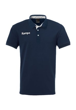 Donkerblauwe polo met korte mouwen, twee witte knopen, witte binnenkraag en wit "Kempa" logo op de borst.