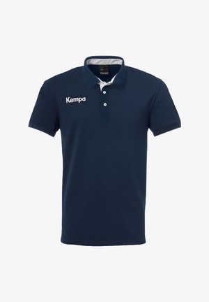 Donkerblauwe polo met korte mouwen, twee witte knopen, witte binnenkraag en wit "Kempa" logo op de borst.
