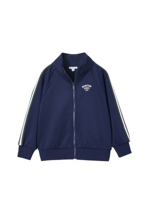 Navy blue zip-up sports jacket with white and green stripes on sleeves, ribbed cuffs, and "Boston Sports Team" text on the chest.