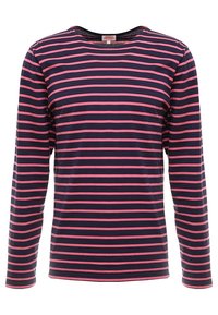 Long-sleeve shirt made of soft fabric featuring a navy blue base with horizontal pink stripes and a rounded neckline.