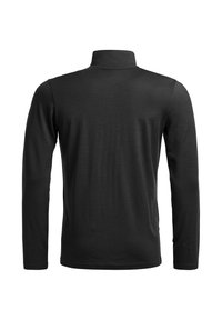 Black long-sleeve shirt with a high collar; smooth texture; fitted style; clean design with no visible logos or patterns.