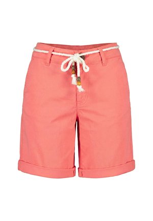 Coral-colored casual shorts with rolled cuffs and a white braided rope belt featuring wooden and metal beads tied in a bow at the waist.