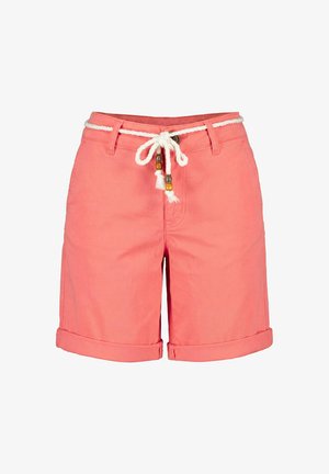 Coral-colored casual shorts with rolled cuffs and a white braided rope belt featuring wooden and metal beads tied in a bow at the waist.
