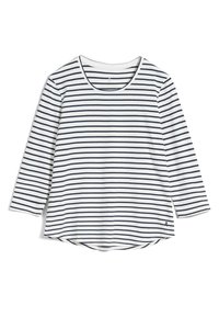 Maglietta a maniche lunghe a righe bianche con righe orizzontali blu navy. Presenta un collo rotondo e un orlo curvo. Tessuto morbido.