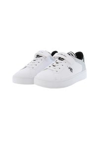 Hvide sneakers med en glat læderoverdel, rund tå, traditionelle snørebånd og glimmerdetalje på hælen. Har et logo nær tungen.