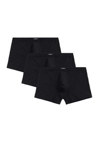 Czarne bawełniane bokserki w opakowaniu trzy sztuki, charakteryzujące się gładką fakturą, elastycznym pasem z logo "ATLANTIC" oraz klasycznym krojem.