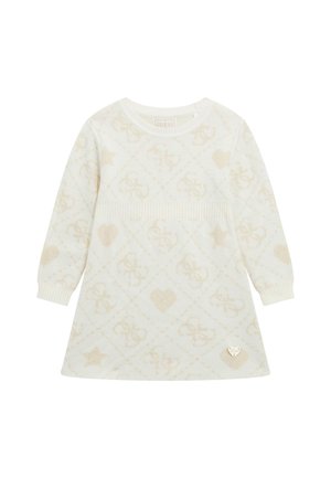 Abito per toddler a maniche lunghe di colore crema con delicati motivi a cuori, stelle e logo, vita e polsini a coste, e un piccolo emblema a forma di cuore del marchio vicino all'orlo.