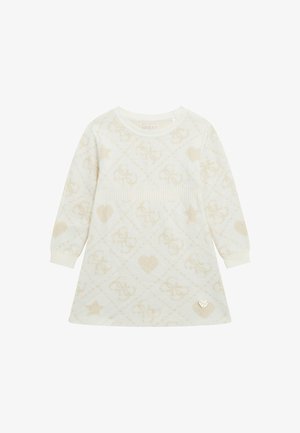 Robe à manches longues en crème pour tout-petits avec des motifs subtils de cœurs, d'étoiles et de logos, taille et poignets côtelés, ainsi qu'un petit emblème de marque en forme de cœur près de l'ourlet.