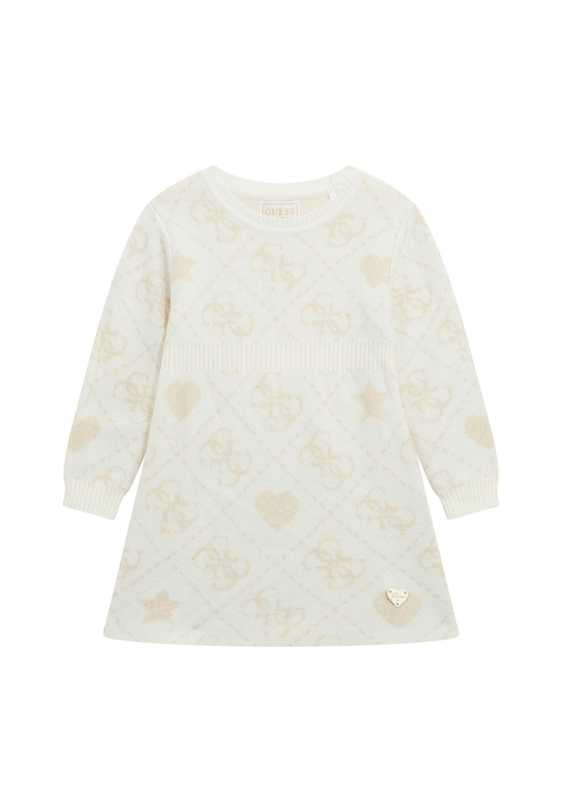 Cremefarbenes Langarm-Kleid für Kleinkinder mit dezenten Herz-, Stern- und Logo-Mustern, geripptem Bund und Bündchen sowie einem kleinen herzförmigen Markenemblem nahe dem Saum.