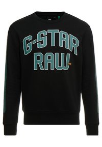 Černá mikina s potiskem "G-STAR RAW" v tyrkysové barvě, s žebrovanými manžetami a kulatým výstřihem, vyrobena z měkké bavlny.