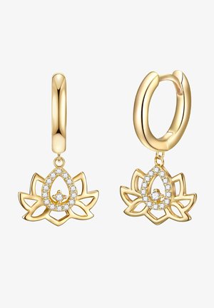 Orecchini dorati con design di fiore di loto a forma di goccia, arricchiti da piccoli cristalli trasparenti. Finitura liscia e lucida.