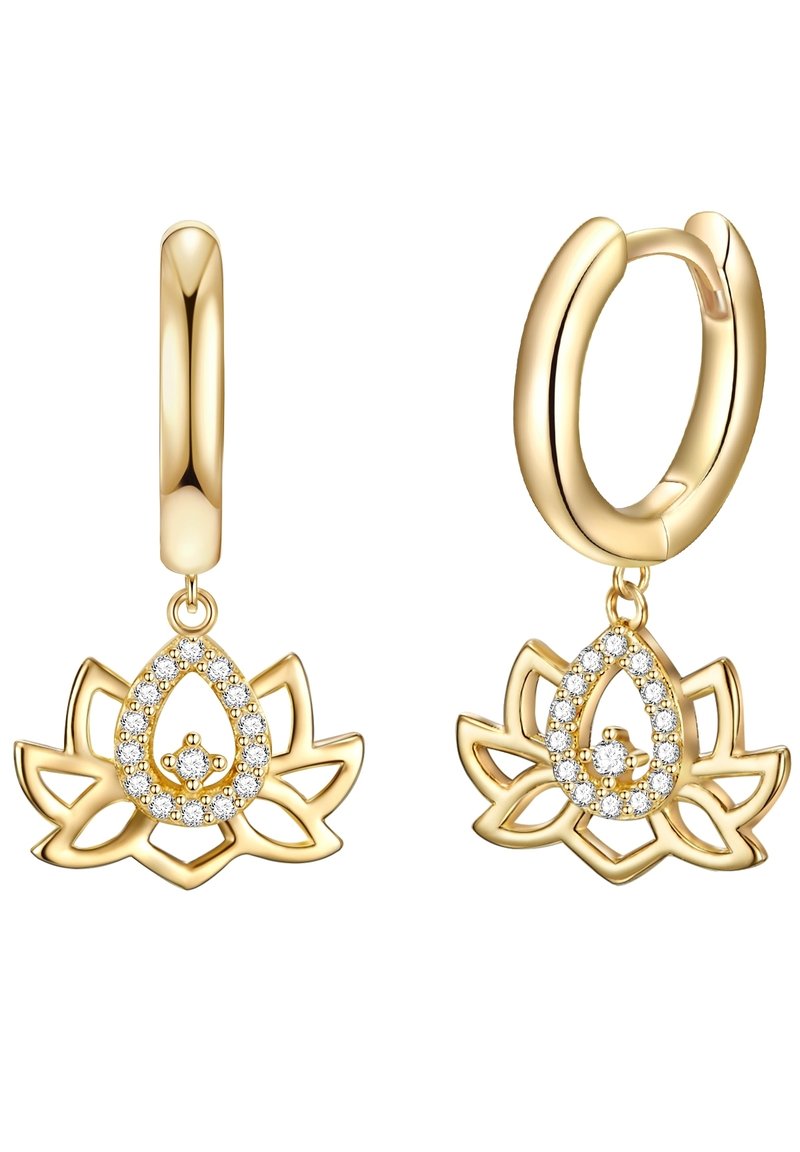 Zelta toņos auskari ar lotosa zieda dizainu, kas veidoti asarveida formā, rotāti ar nelielām caurspīdīgām dārgakmeņiem. Gluda, pulēta virsma.