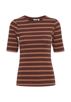 T-shirt ajusté à manches courtes rayé horizontalement marron et marron clair avec col rond.