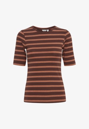 Camiseta ajustada de manga corta con cuello redondo y rayas horizontales en tonos marrón y marrón claro.