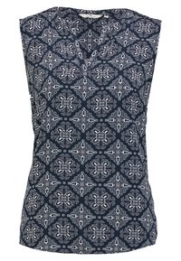 Top senza maniche con uno sfondo blu scuro che presenta motivi floreali bianchi e ornati. Design a V con una vestibilità rilassata e una superficie morbida.