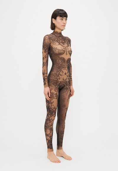 Zwart kanten bodysuit met lange mouwen en hoge kraag, voorzien van bloemen- en rasterpatronen. Doorzichtig materiaal met een aansluitende silhout.