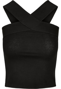 Schwarzes, kurzes Tanktop mit überkreuzten Trägern an den Schultern, aus einem glatten, dehnbaren Material gefertigt. Einfaches Design, nahtlose Kanten.
