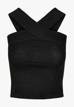 Juodas apkarpytas tank top'as su kryžminėmis petnešėlėmis, pagamintas iš lygios ir tamprios medžiagos. Paprastas dizainas, be siūlių kraštai.