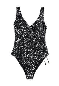 Fekete egyrészes fürdőruha fehér pöttyös mintával, átkötős dizájnnal, állítható oldalsó megkötőkkel és széles vállpántokkal.