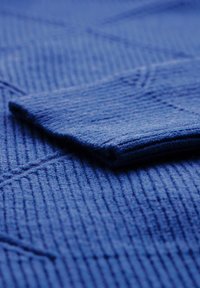 Blå stickad tröja med strukturerad ribb och vikta ärmar. Tyget ser mjukt ut och har en djup, rik blå färg.