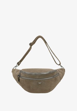 Sac banane en daim marron avec une sangle réglable et deux compartiments zippés argentés, avec un petit logo métallique sur le devant.