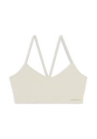 Bralette cropped beige con texture a coste, spalline doppie regolabili e scollatura a V. Presenta un logo ricamato sul fondo.