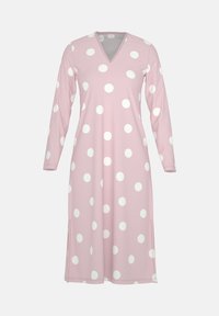 Rosa Kleid mit langen Ärmeln, V-Ausschnitt und weißen Polka-Dots. Weicher Stoff, knielang mit seitlichen Schlitzen für bessere Bewegungsfreiheit.