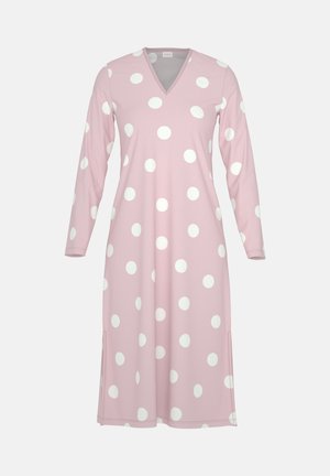 Roze jurk met lange mouwen, V-hals en witte stippen. Zachte stof, tot op de knie, met zijsplitten voor meer bewegingsvrijheid.