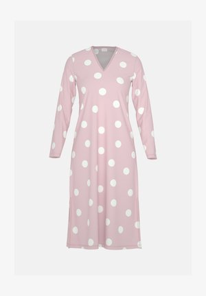 Roze jurk met lange mouwen, V-hals en witte stippen. Zachte stof, tot op de knie, met zijsplitten voor meer bewegingsvrijheid.