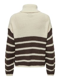 Cream and dark brown striped knitted turtleneck sweater with long sleeves and a textured pattern.