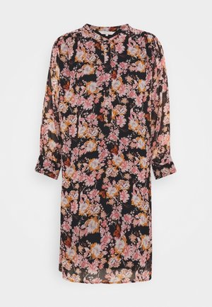 Schwarzes langärmliges Blumenkleid mit pinken, weißen und orangefarbenen Blumen, rundem Ausschnitt und Knopfleiste vorne.