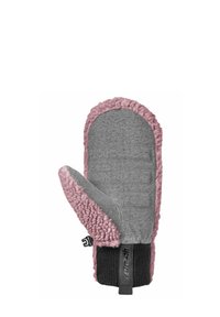 Graue und rosa Fäustlinge mit einem flauschigen Saum, gestepptem Material auf der Handfläche und einem gerippten schwarzen Bund für zusätzliche Wärme und Komfort.