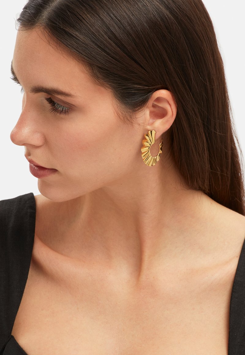 Guldörhängen i form av ringar med en strukturerad, flutad design. Lätta, cirkulära former som ökar den visuella intresset. Bärs på en modells öra.