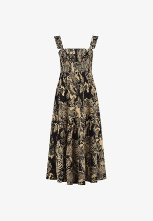 Melna kleita ar bēšu ziedu rakstu. Rūtainas siksnas, smocka augšdaļā, izplestā svārku daļa. Tekstūrēts materiāls. Vidēja garuma dizains.