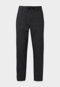 Pantalon slim gris foncé avec un motif à carreaux subtil et un cordon noir à la taille élastique, présenté sur fond blanc.