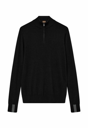 Zwarte pullover sweater met een hoge kraag en een halve rits. Heeft lange mouwen en grijze accenten bij de manchetten. Gemaakt van zacht materiaal.
